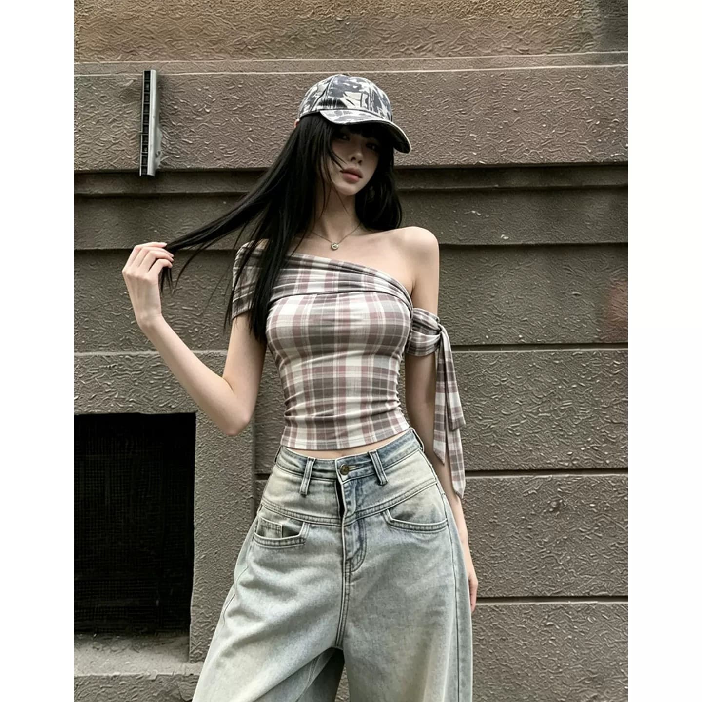 아메리칸 핫걸 비스듬한 어깨 체크무늬 티셔츠 여성용 짧은 소매 여름 레이스업 몸매 가꾸기 쇼트 스타일 오프숄더 섹시함 오프숄더 맨위 이미지 3