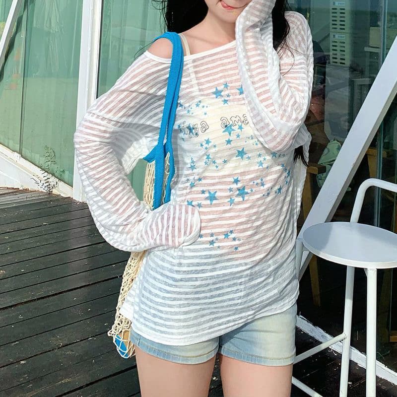 원본 원단 프린트 비스듬한 어깨 긴팔 티셔츠 슬림해 보이는 오프숄더 자외선 차단 블라우스 경량 다용도 맨위 상세 이미지 3