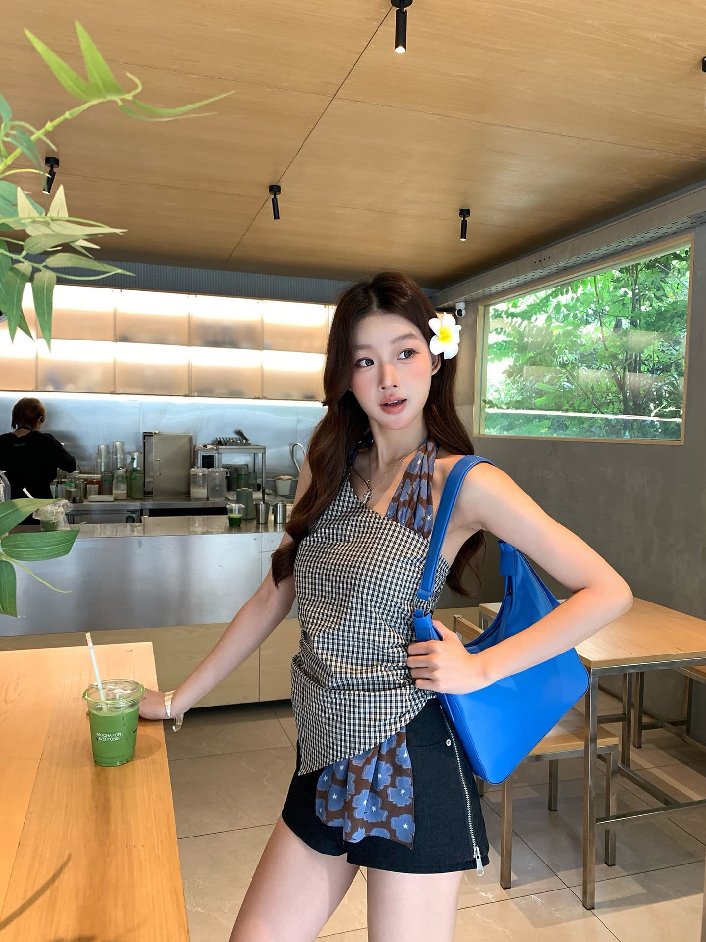 캐미솔 여름 외출용 아름다움 뒤로 체크무늬 디자인 센스 고유 한 아름다운 몸매 가꾸기 민소매 행침 목 작은 대중 맨위 상세 이미지 2
