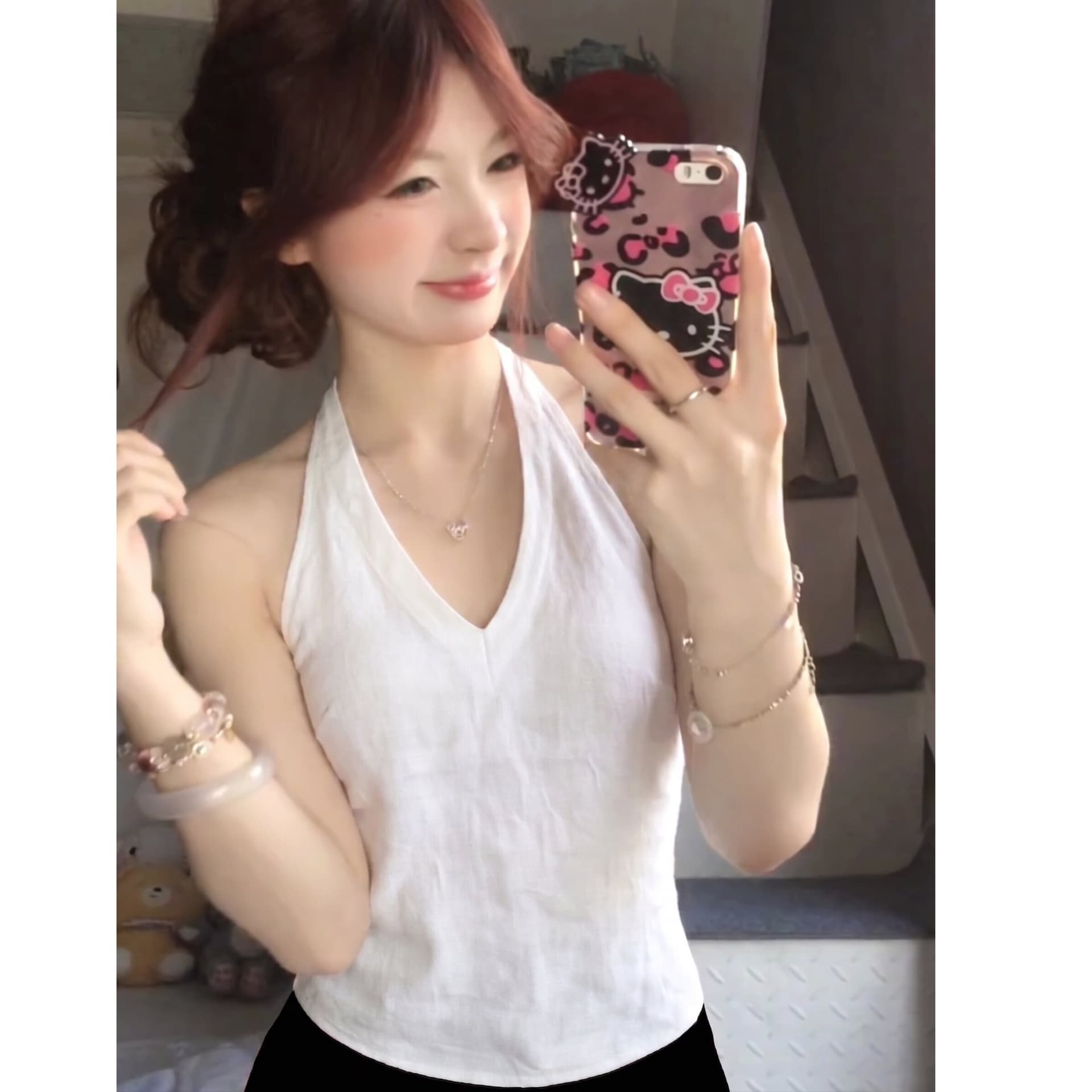아름다운 핫걸 V넥 작은 슬링 조끼 여성 외출용 아름다움 뒤로 슈퍼 잘 생긴 행침 목 민소매 맨위 상세 이미지 5