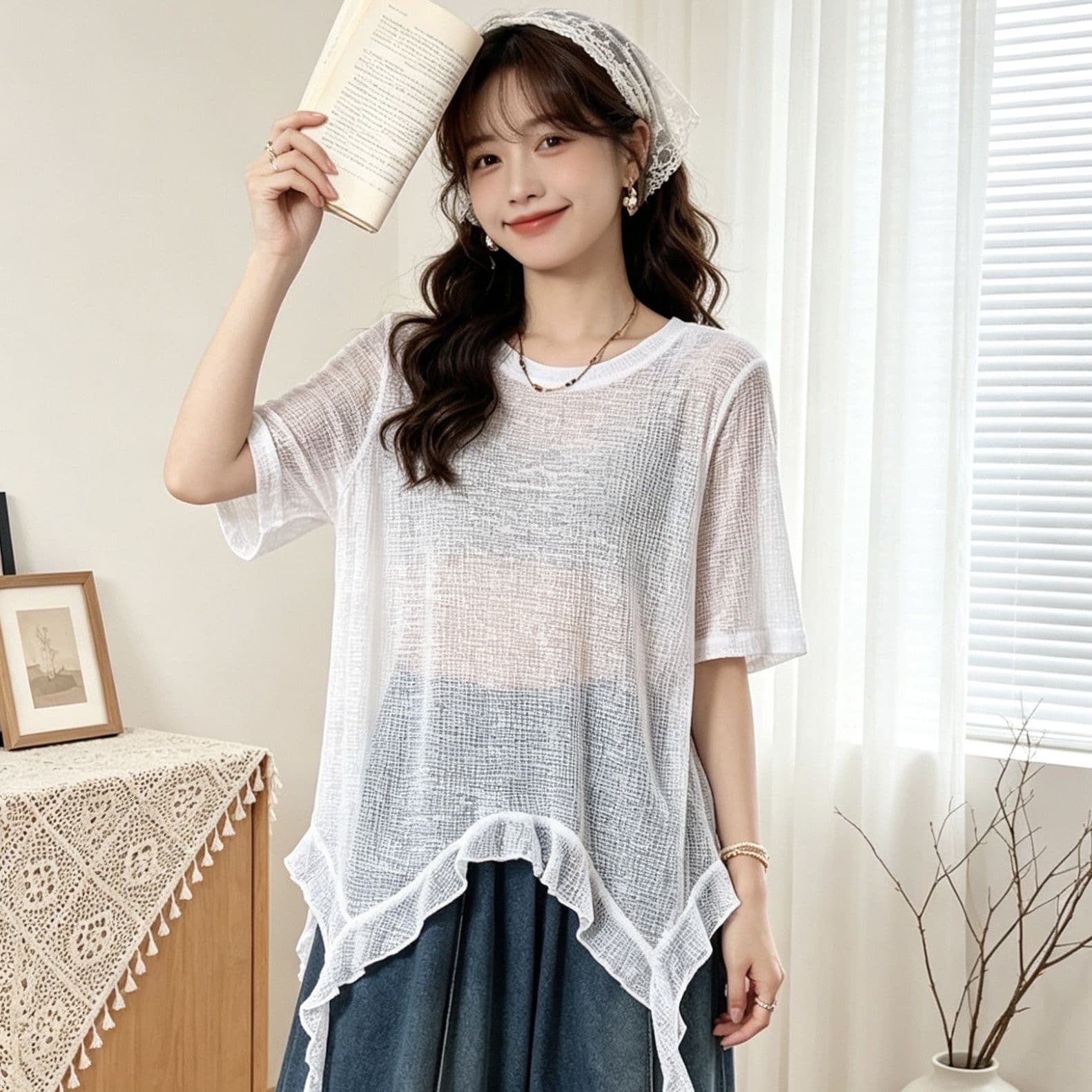 파란색 프릴 반팔 티셔츠 여성 여름 착용 가져 가라. 루즈핏 표지 배 느긋한 바람 맨위 이미지 2