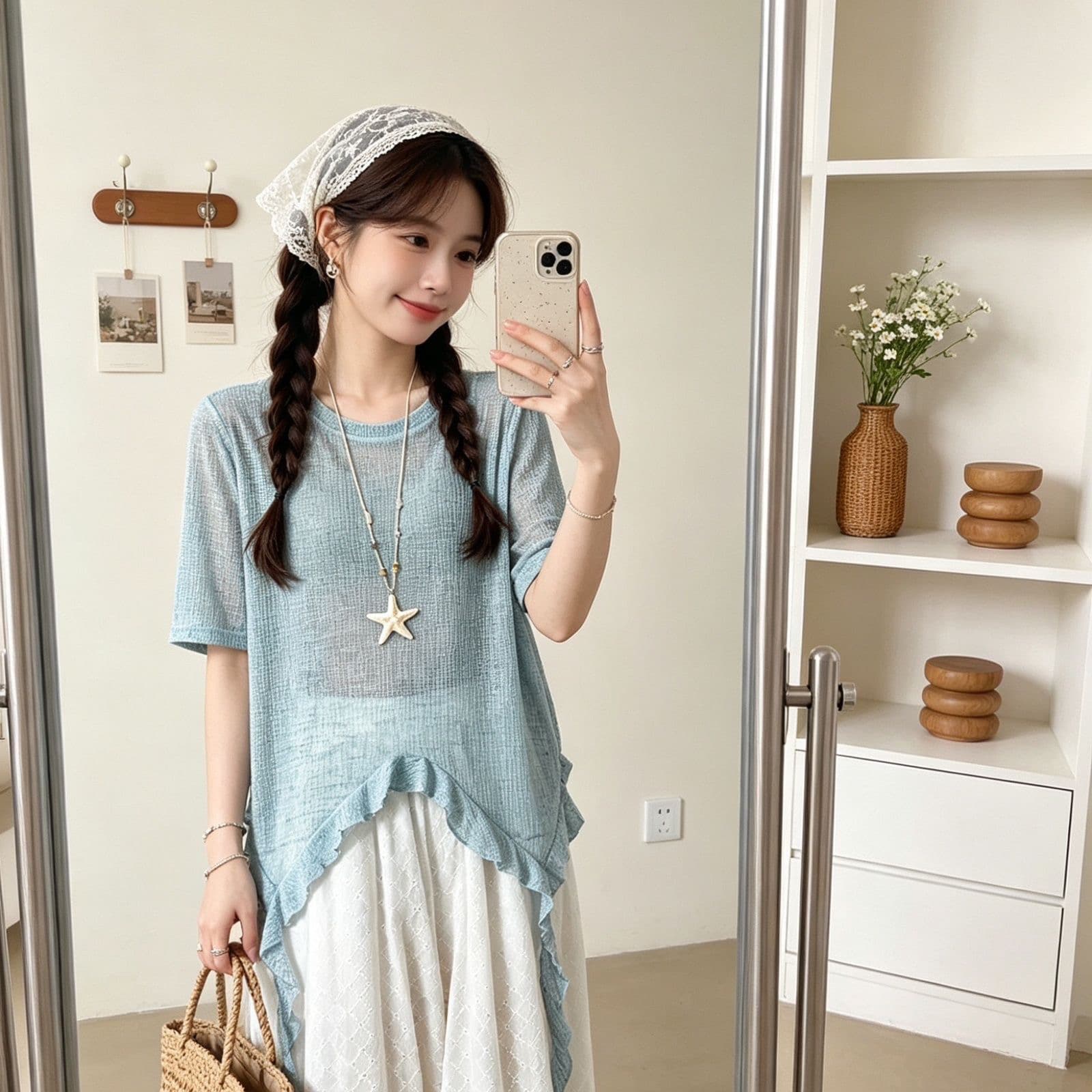 파란색 프릴 반팔 티셔츠 여성 여름 착용 가져 가라. 루즈핏 표지 배 느긋한 바람 맨위 이미지 5