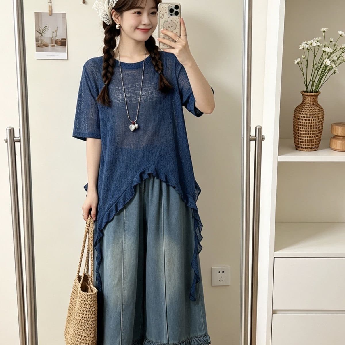 파란색 프릴 반팔 티셔츠 여성 여름 착용 가져 가라. 루즈핏 표지 배 느긋한 바람 맨위 상세 이미지 3