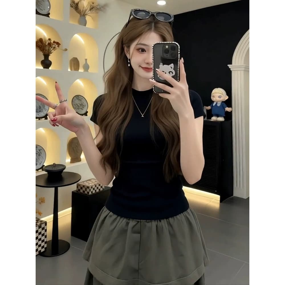 한 부서 그레이트 통해보기 가져 가라. 전체 집합 2026 새로운 품격 반팔 티셔츠 여성 여름 와이드 레그 팬츠 투피스 세트 상세 이미지 4