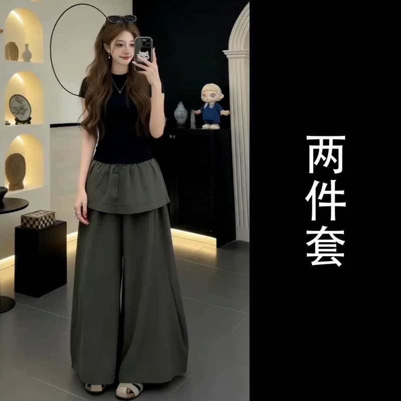한 부서 그레이트 통해보기 가져 가라. 전체 집합 2026 새로운 품격 반팔 티셔츠 여성 여름 와이드 레그 팬츠 투피스 세트 상세 이미지 5
