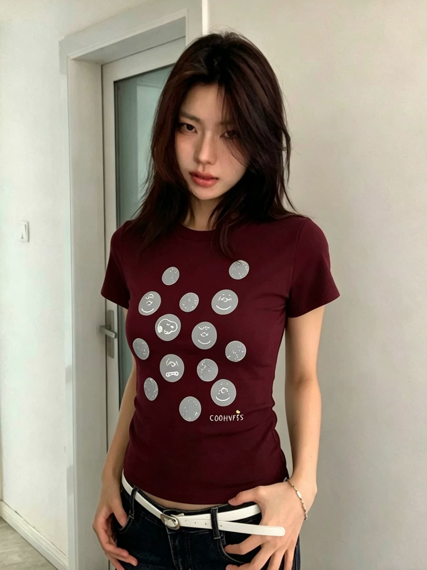 아메리칸 레트로 긍정적 인 어깨 라운드 넥 프린트 반팔 티셔츠 상세 이미지 3