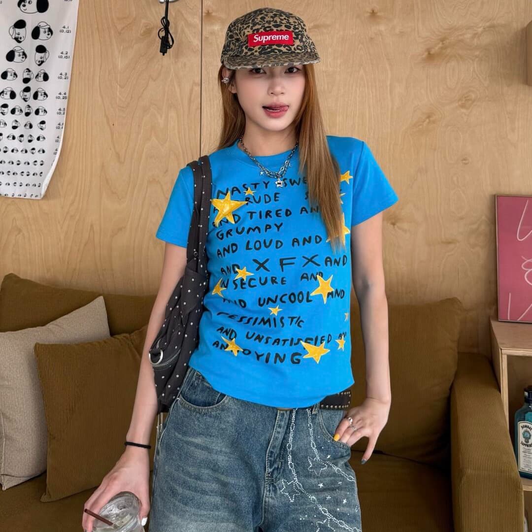 아메리칸 레트로 긍정적 인 어깨 라운드 넥 프린트 반팔 티셔츠 상세 이미지 1