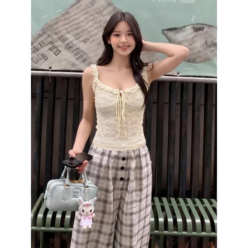 레이스 안감 레이스 프릴 캐미솔 핫걸 순수한 욕망 바람 여름 작은 대중 몸매 가꾸기 슬림해 보이는 맨위 이미지 5