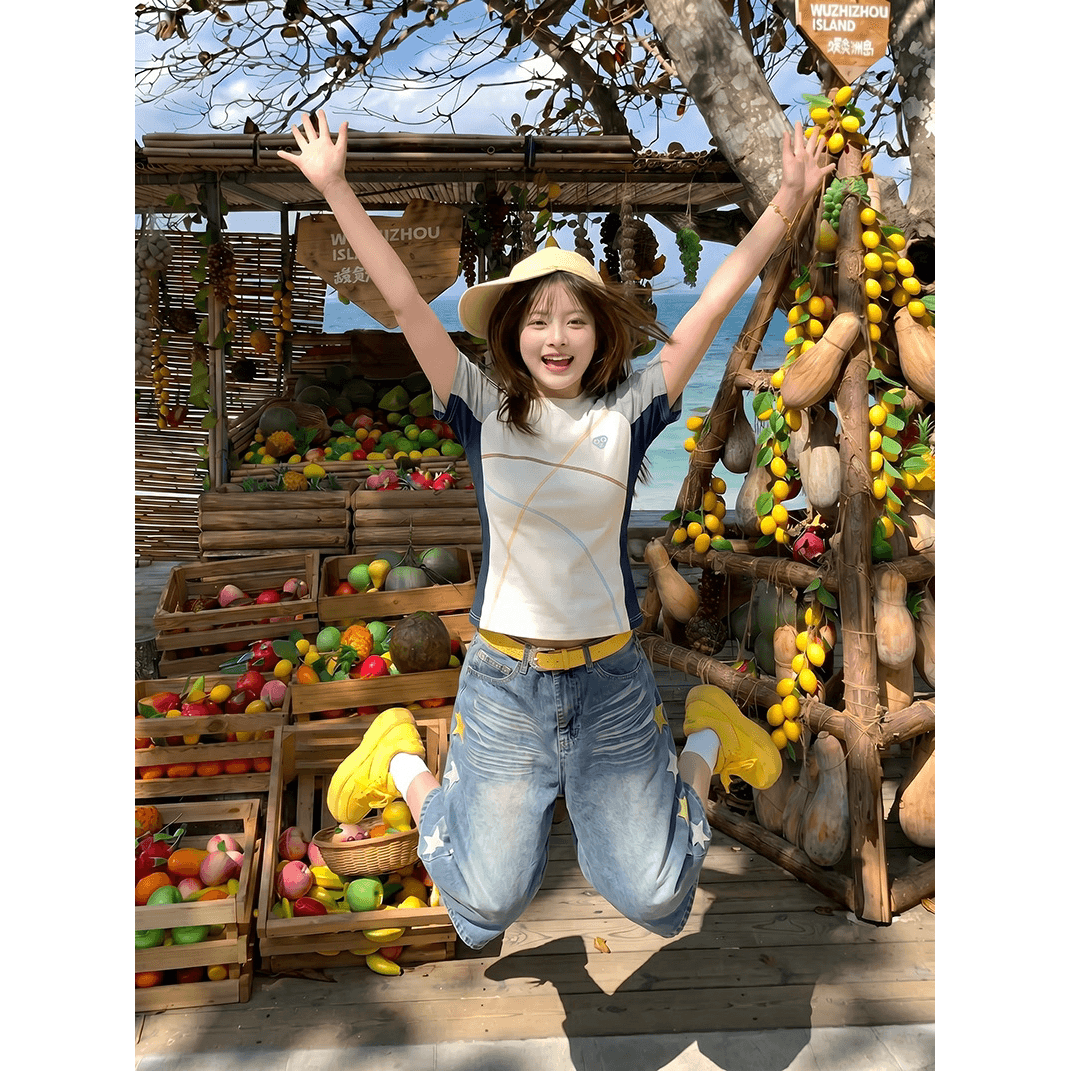 40 220 그램 92 면 8 암모니아 Lun 리브 네클라인 명시적 스티치 공예 배색 몸매 가꾸기 반팔 티셔츠 이미지 5
