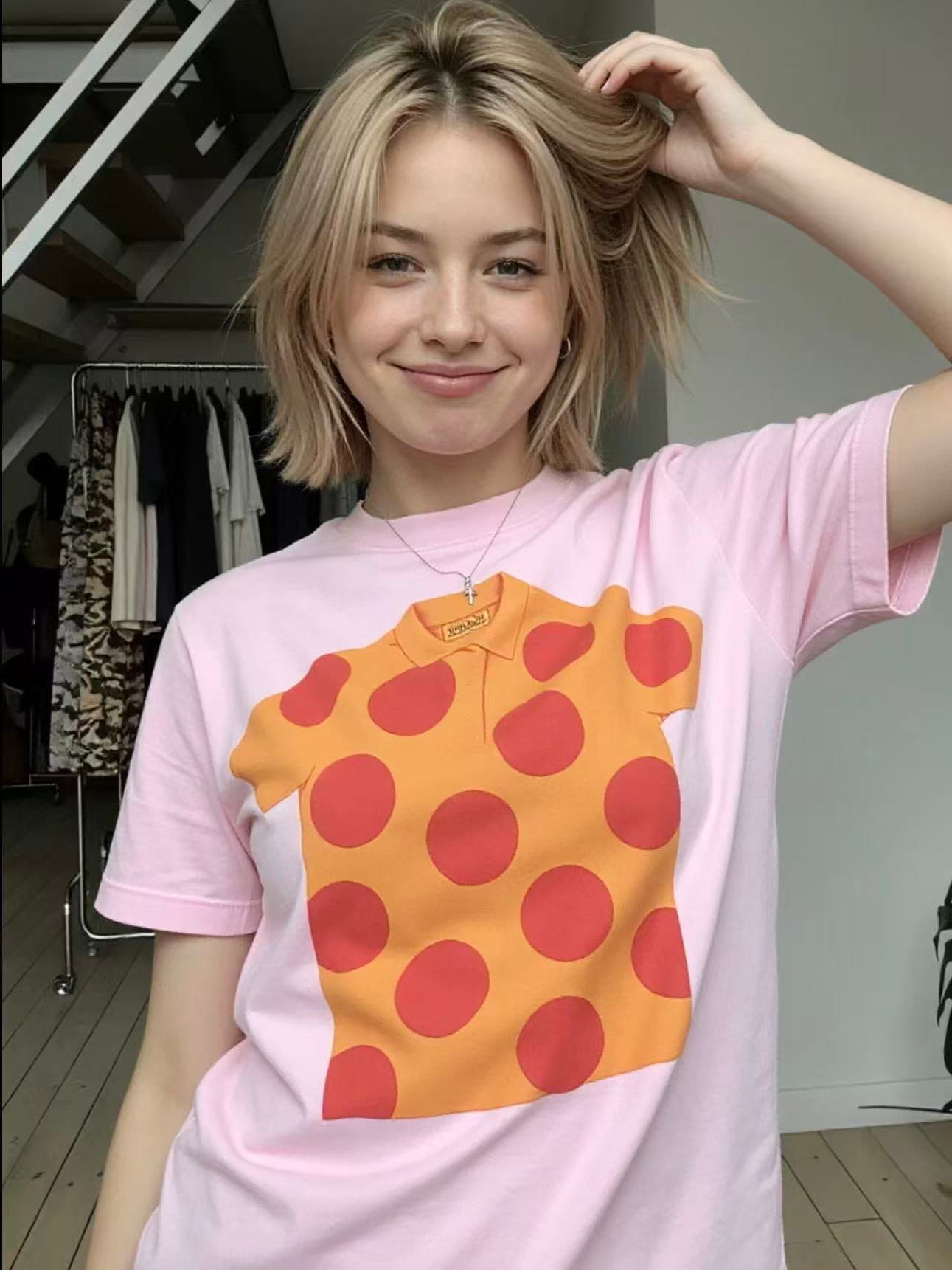 아메리칸 레트로 긍정적 인 어깨 라운드 넥 프린트 반팔 티셔츠