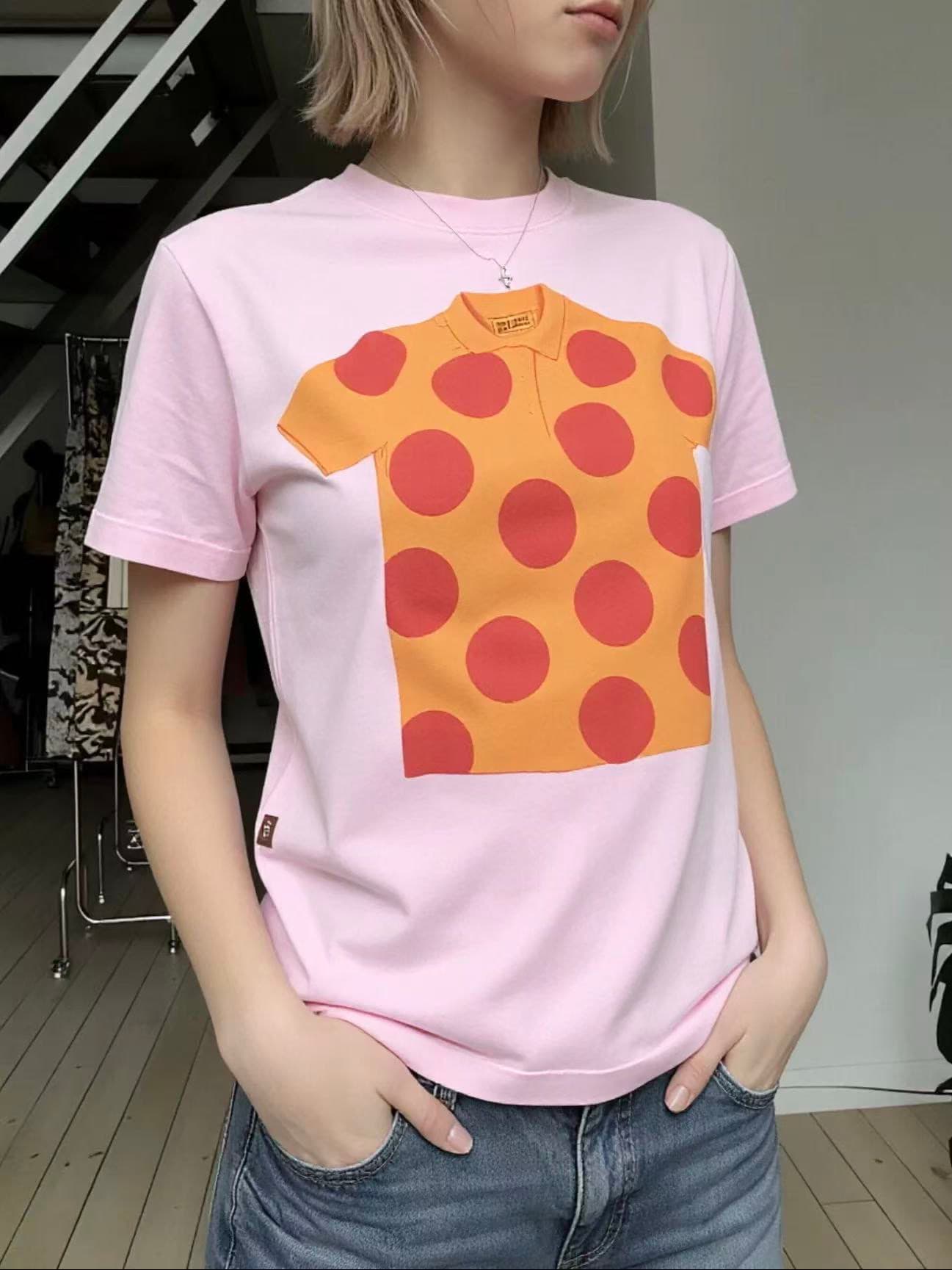 아메리칸 레트로 긍정적 인 어깨 라운드 넥 프린트 반팔 티셔츠 이미지 3