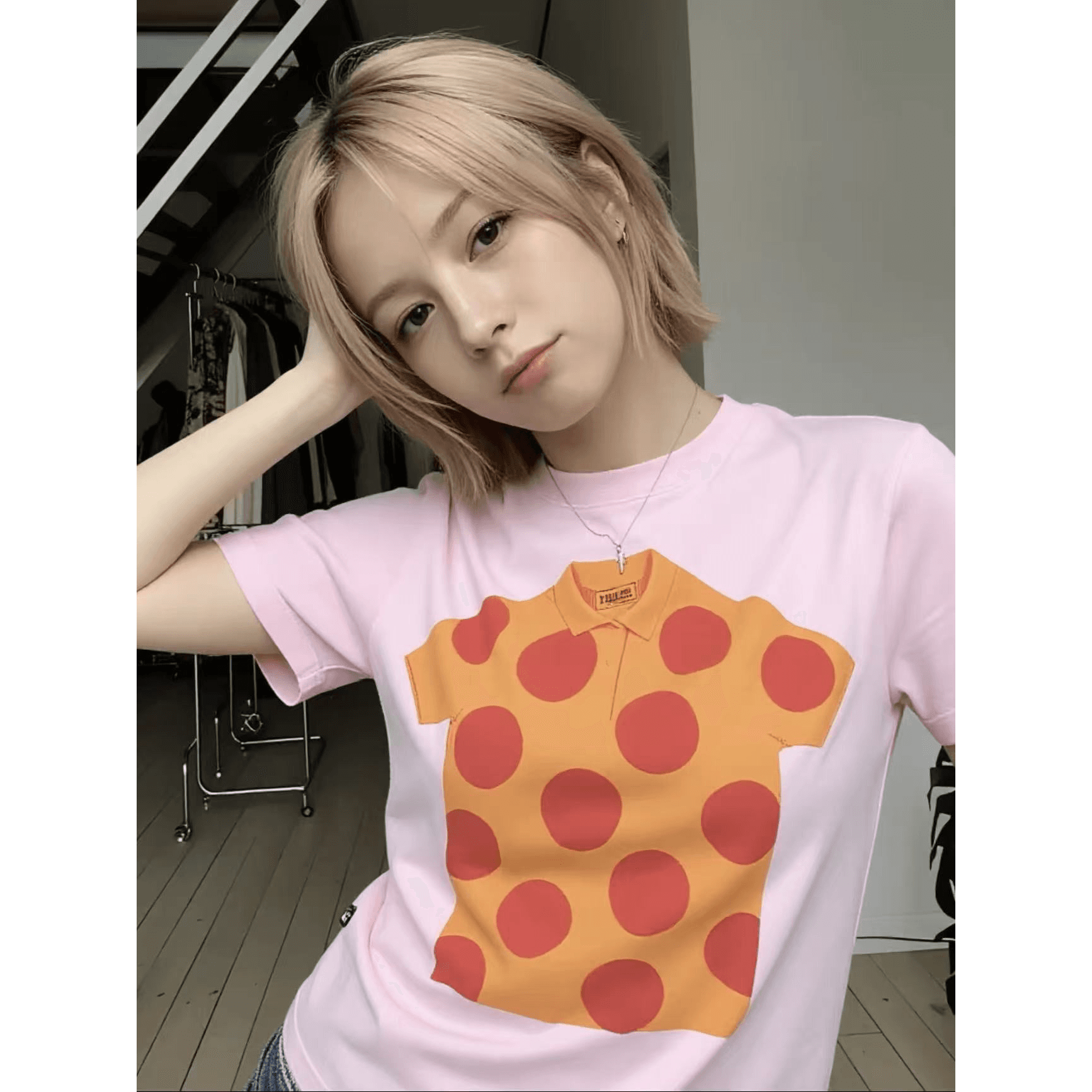 아메리칸 레트로 긍정적 인 어깨 라운드 넥 프린트 반팔 티셔츠 이미지 5