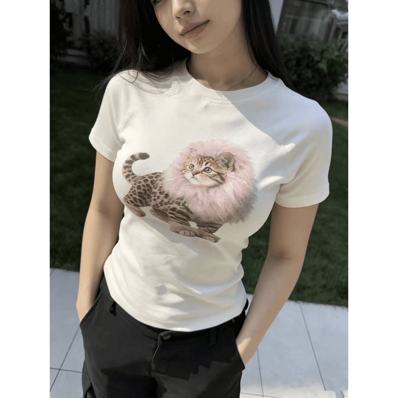 아메리칸 레트로 긍정적 인 어깨 라운드 넥 프린트 반팔 티셔츠 이미지 5