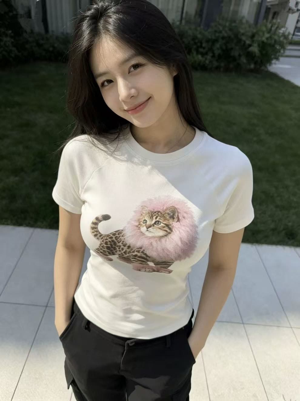 아메리칸 레트로 긍정적 인 어깨 라운드 넥 프린트 반팔 티셔츠 상세 이미지 4