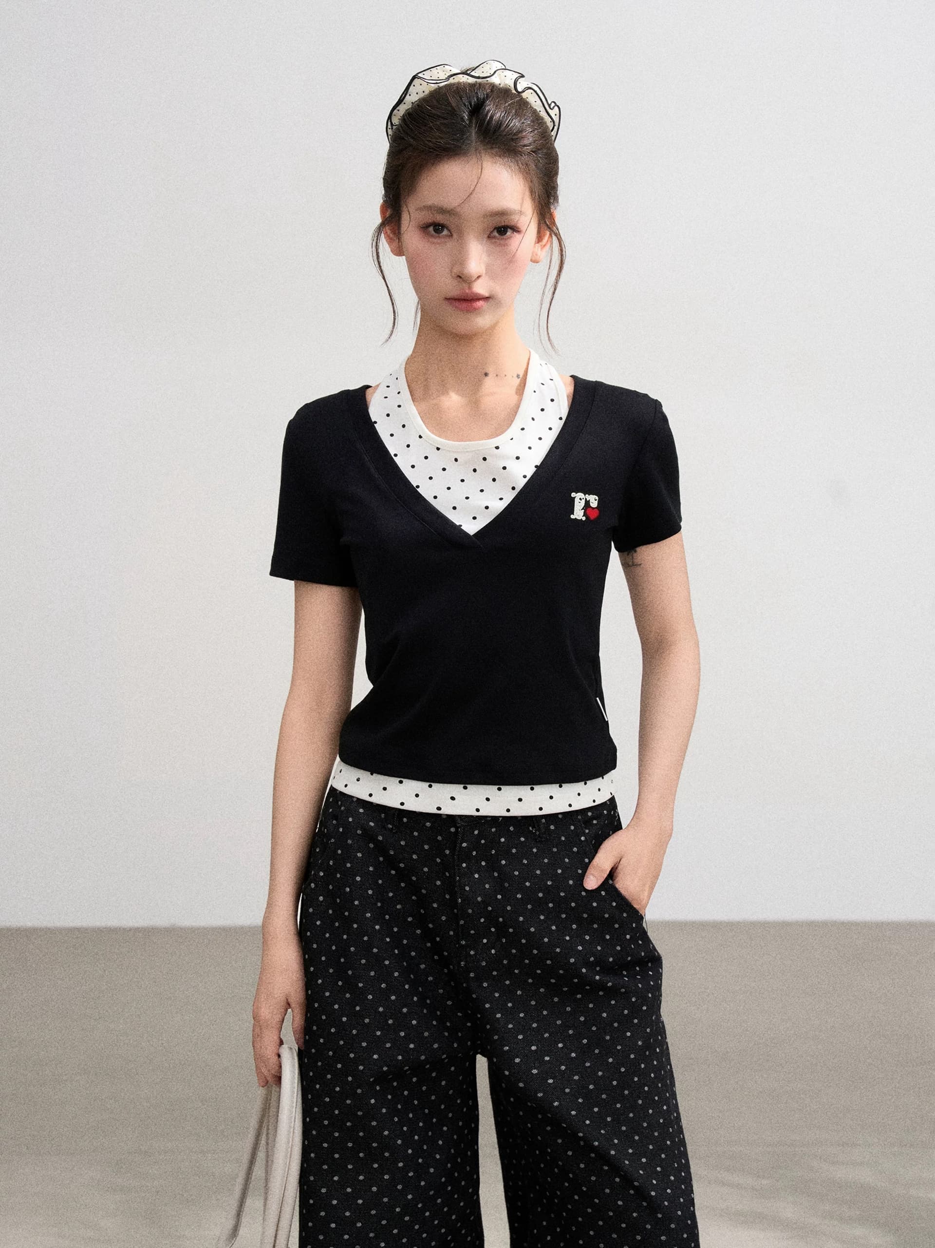 아메리칸 도트 무늬 배색 슬립 여성용 짧은 소매 페이크 레이어드 티셔츠 상세 이미지 1
