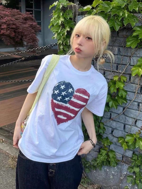 아메리칸 복잡한 순면 라운드 넥 프린트 루즈핏 반팔 티셔츠