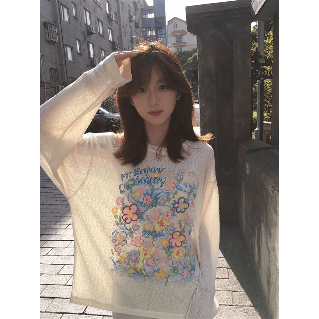 자수 전후 프린트 광저우 원본 원단 눈꽃 얼음 차가운 면 긴팔 자외선 차단 블라우스 이미지 5
