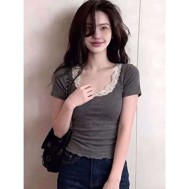 긍정적 인 어깨 회색 u 칼라 몸매 가꾸기 슬림해 보이는 반팔 티셔츠 디자인 센스 레이스 레이스 패치워크 허리 수축 상세 이미지 3
