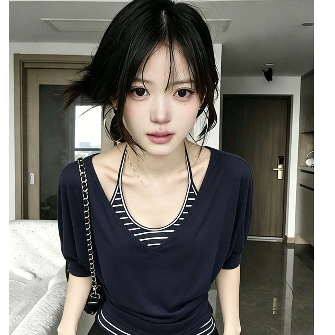 V넥 반팔 스트라이프 슬립 여성 여름 착용 가져 가라. 작은 대중 디자인 센스 배색 허리 수축 슬림해 보이는 투피스 세트 상세 이미지 2