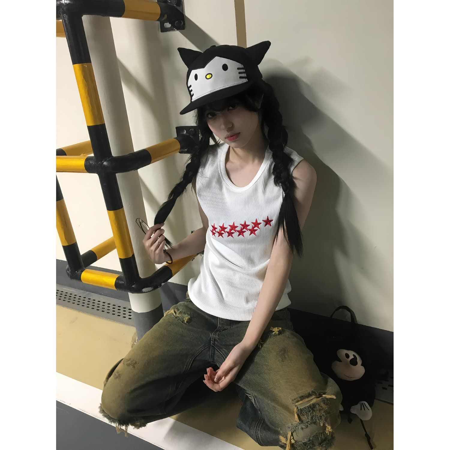 아메리칸 레트로 별 자수 조끼 구덩이 기사 리브 조끼 남녀 몸매 가꾸기 쇼트 스타일 디자인 센스 민소매 티셔츠 상세 이미지 3
