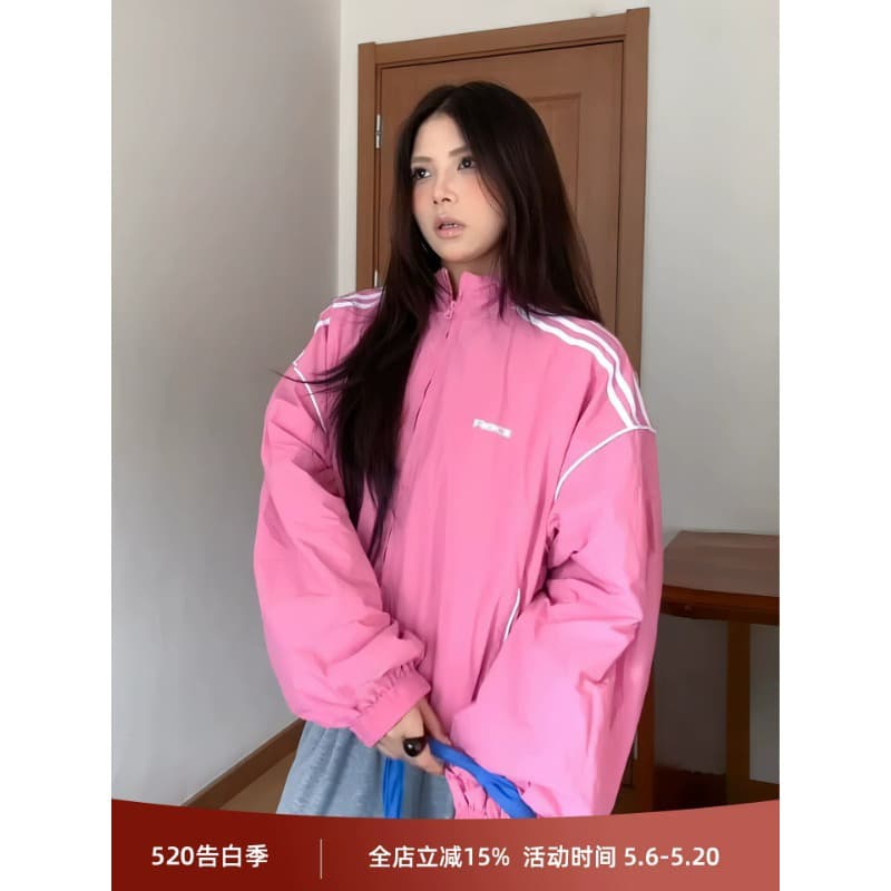 핑크색 커플 섹션 아메리칸 자켓 방풍 자외선 차단 봄 가을 짧은 외투 운동 프린트 맨위 여자 이미지 4