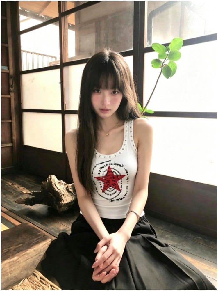 별 알파벳 프린트 비즈 박기 조끼 슬립 여성 몸매 가꾸기 맨위 상세 이미지 2