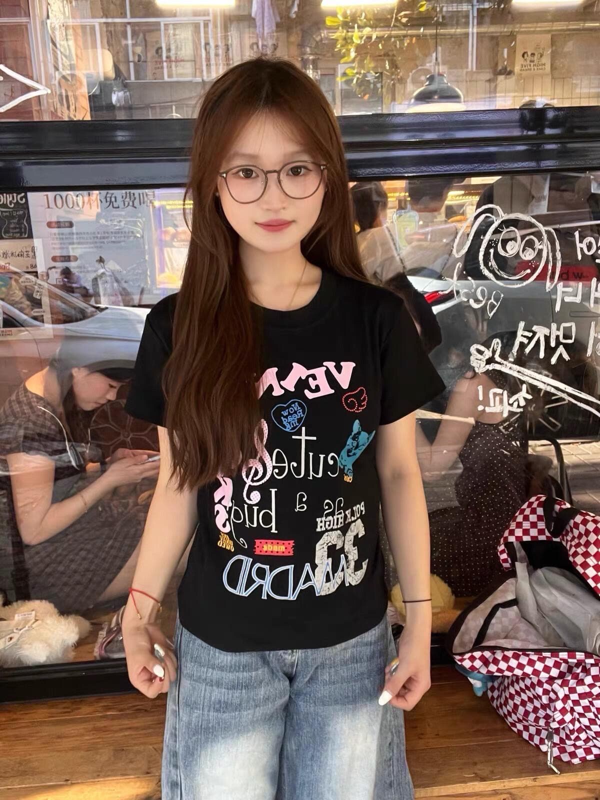 아메리칸 레트로 긍정적 인 어깨 라운드 넥 프린트 반팔 티셔츠 상세 이미지 5