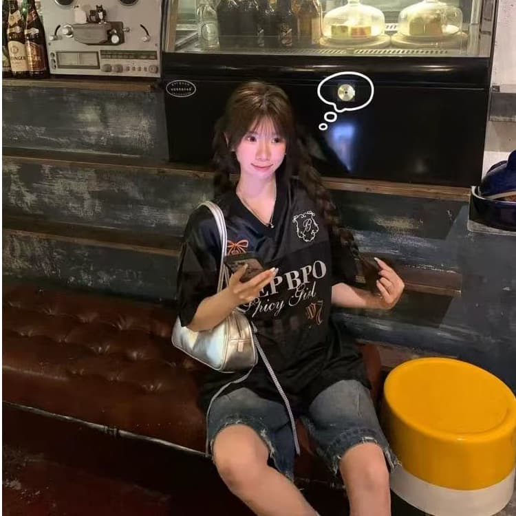 원본 원단 원본 솜씨 아메리칸 루즈핏 패치워크 저지 반팔 티셔츠 여성 반바지 투피스 세트 상세 이미지 5