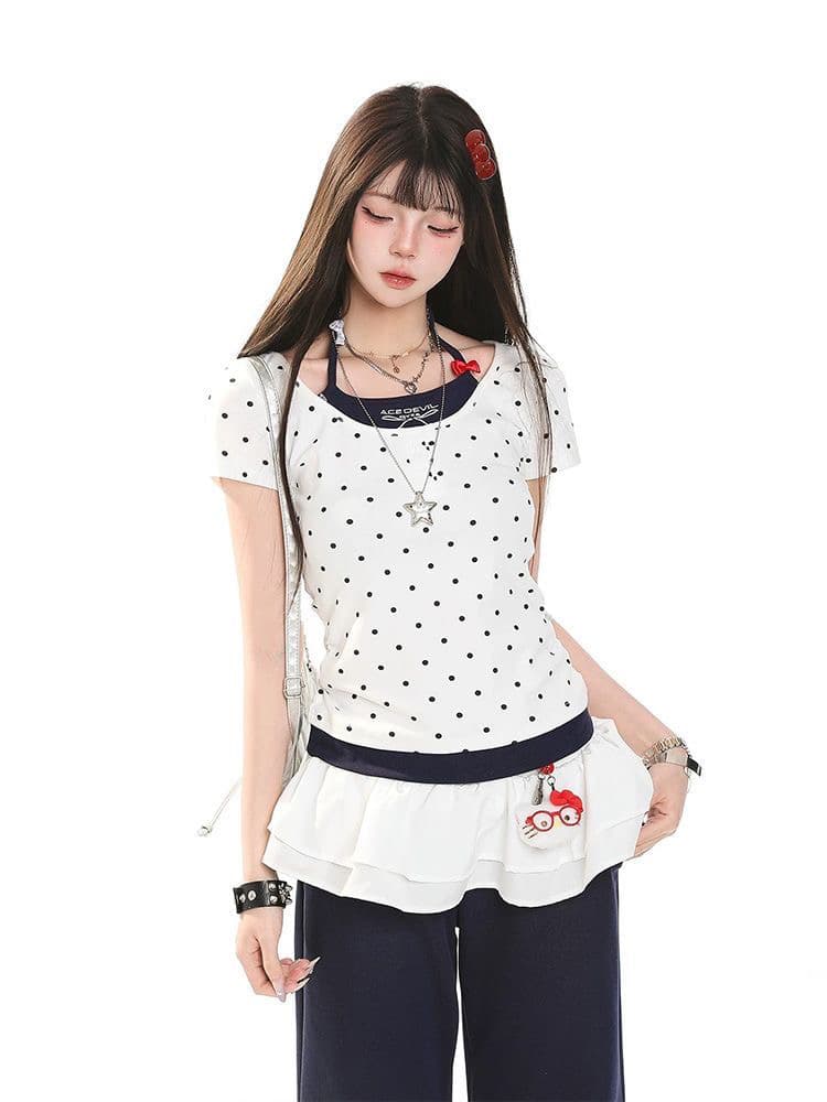 40 차가운 실크 코튼 패치워크 한 부서 도트 무늬 프린트 페이크 레이어드 행침 목 슬립 반팔 티셔츠 이미지 4