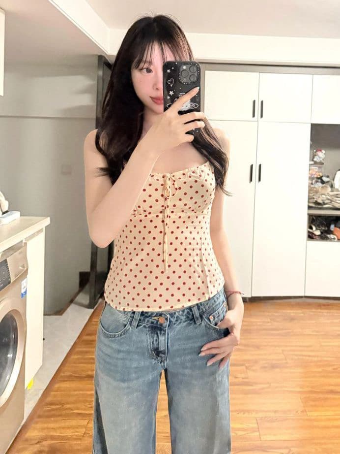 우유 실크 한 부서 장난기 넘치는 소녀 바람 패션 도트 무늬 스트랩 캐미솔 상세 이미지 2