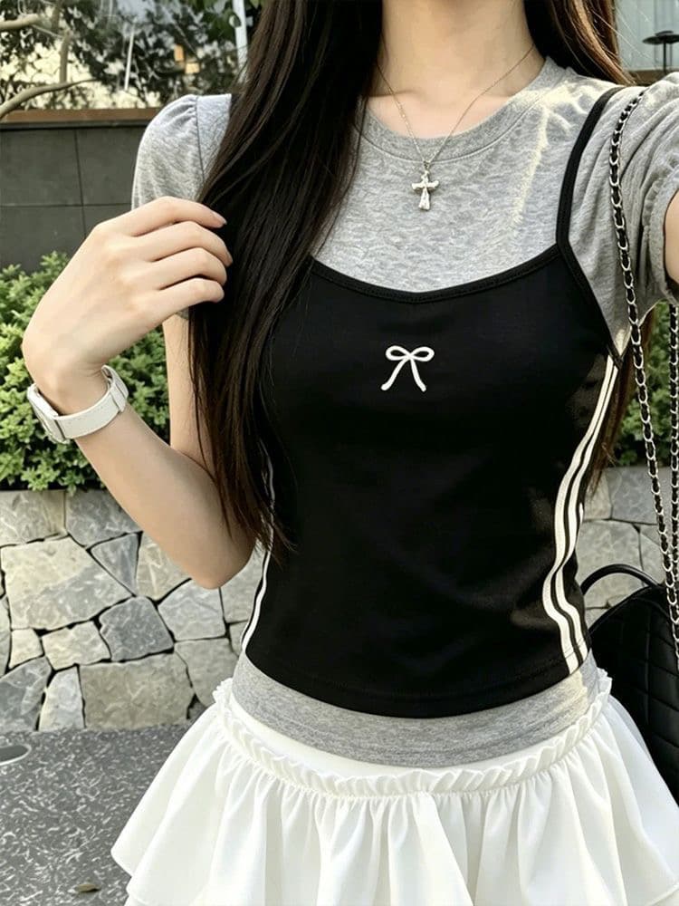 40 모달 와 사고 방식 1 1 빛 사람들 착용 가져 가라. 라운드 넥 페이크 레이어드 버블 반팔 티셔츠 상세 이미지 4