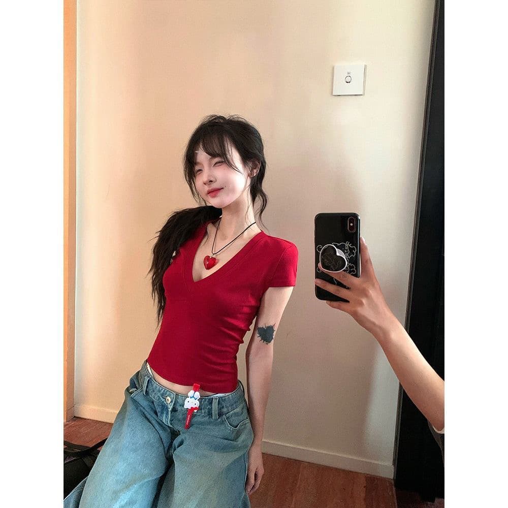 사람들 면 260 그램 좋은 품질 Chic 분할 패치워크 V넥 반팔 티셔츠 여성 Z아 어깨 쇼트 스타일 맨위 이미지 2