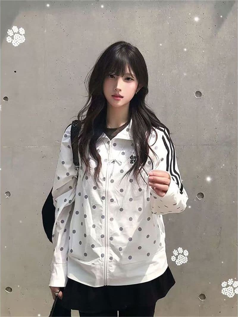 좋은 품질 솜씨 광저우 이중선 그리드 나일론 전체 인쇄 도트 무늬 화이트 스탠드 칼라 자외선 차단 외투 이미지 3