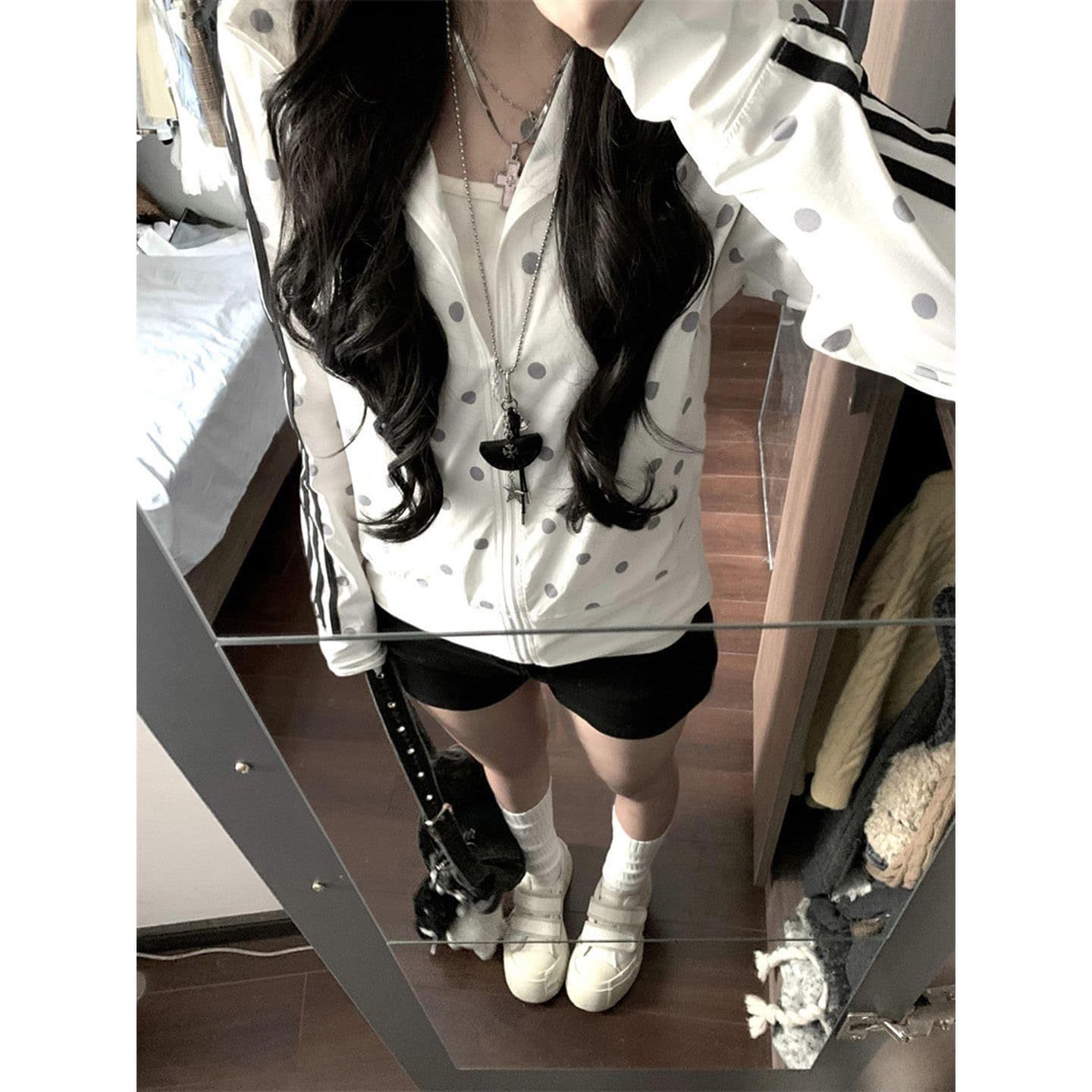 좋은 품질 솜씨 광저우 이중선 그리드 나일론 전체 인쇄 도트 무늬 화이트 스탠드 칼라 자외선 차단 외투 이미지 5