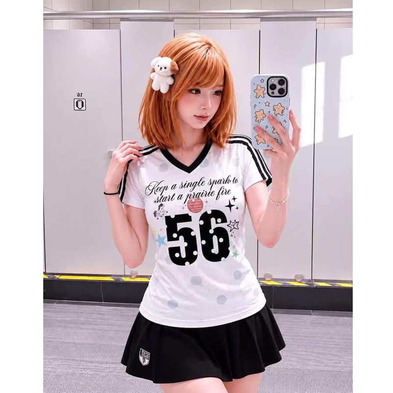 원본 것 원단 92 면 8 암모니아 Lun 아메리칸 레트로 운동 바람 V넥 반팔 티셔츠 여성 몸매 가꾸기 맨위 이미지 2