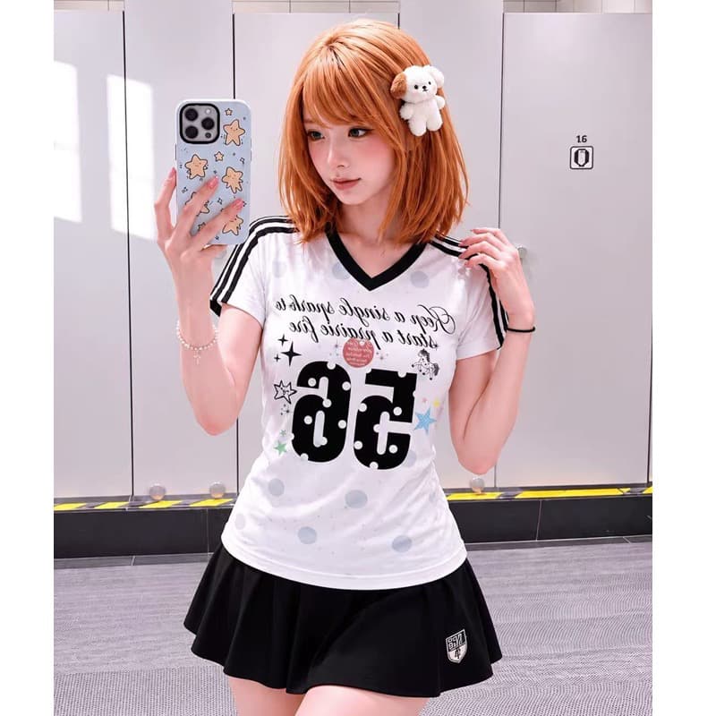 원본 것 원단 92 면 8 암모니아 Lun 아메리칸 레트로 운동 바람 V넥 반팔 티셔츠 여성 몸매 가꾸기 맨위 이미지 5