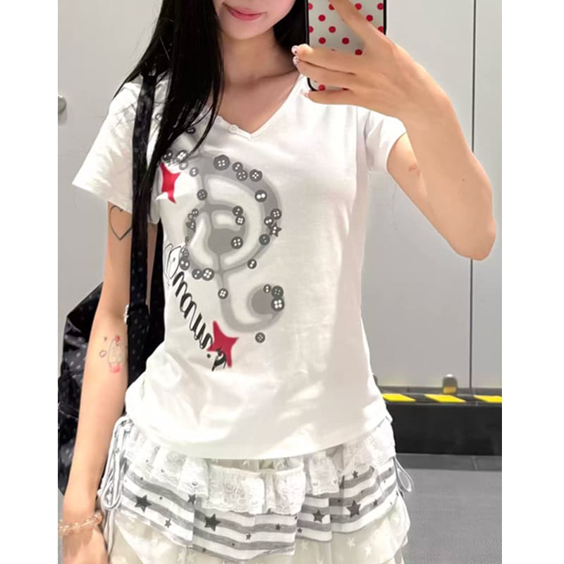 아메리칸 레트로 단추 참고 V넥 반팔 티셔츠 여성 몸매 가꾸기 슬림해 보이는 맨위 이미지 2