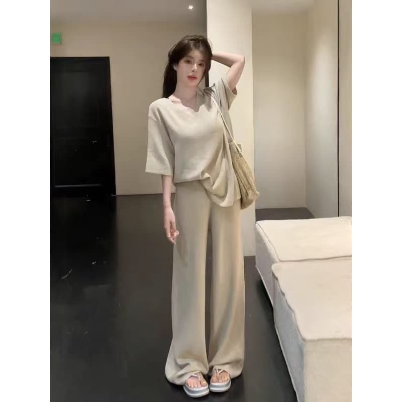 반팔 세트 여성 여름 새로운 프랑스식 느긋한 바람 V넥 반팔 니트 스웨터 와이드 레그 팬츠 투피스 세트 상세 이미지 2