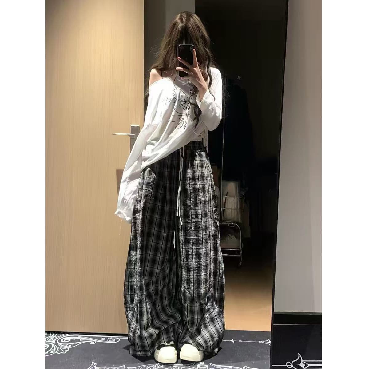 한 부서 부드러운 바람 캐주얼 세트 여성 여름 얇은 스타일 디자인 다용도 비스듬한 어깨 긴팔 체크무늬 와이드 레그 팬츠 투피스 세트 상세 이미지 1