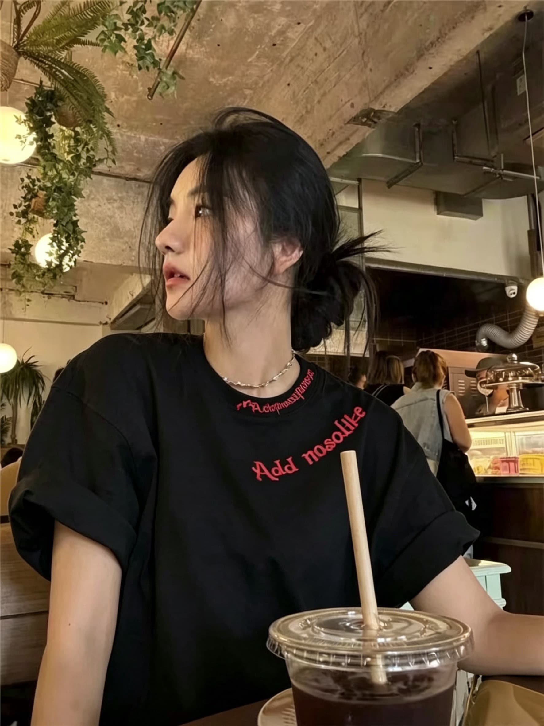 됐어. 개체 같은 단락 더블 실 260 그램 마 사전 수축 자수 네리 가게 천 반팔 티셔츠 이미지 4
