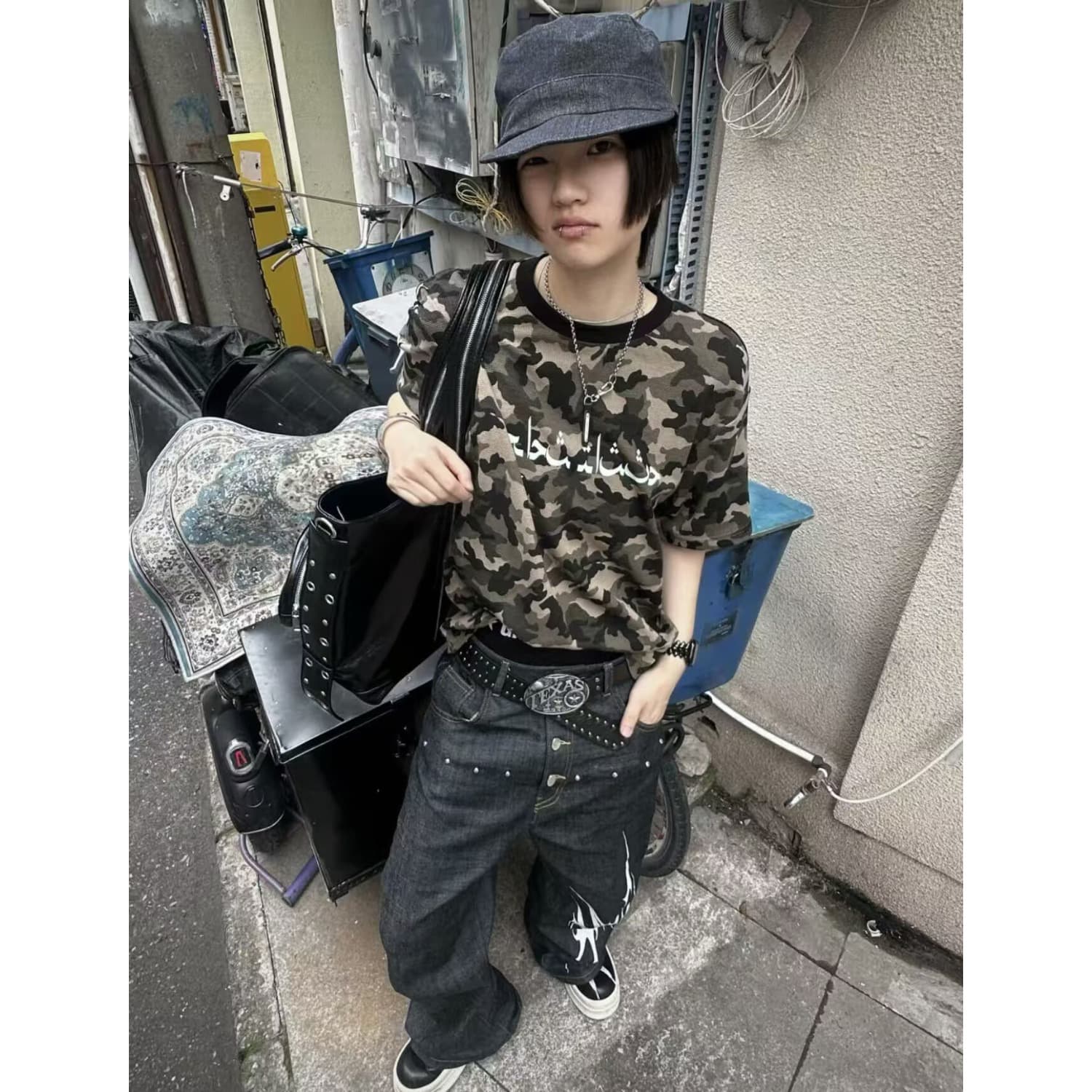 워싱 마 오래된 카모플라주 후아 남편 그리드 카모플라주 반팔 티셔츠 남자 여름 산스크리트어 프린트 루즈핏 boxy 맨위 이미지 2