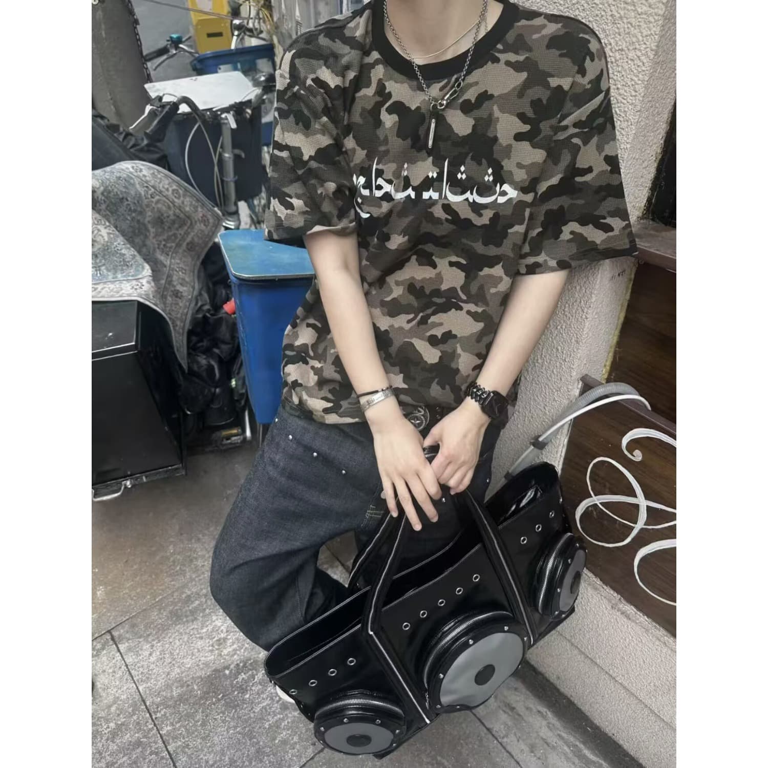 워싱 마 오래된 카모플라주 후아 남편 그리드 카모플라주 반팔 티셔츠 남자 여름 산스크리트어 프린트 루즈핏 boxy 맨위 상세 이미지 5