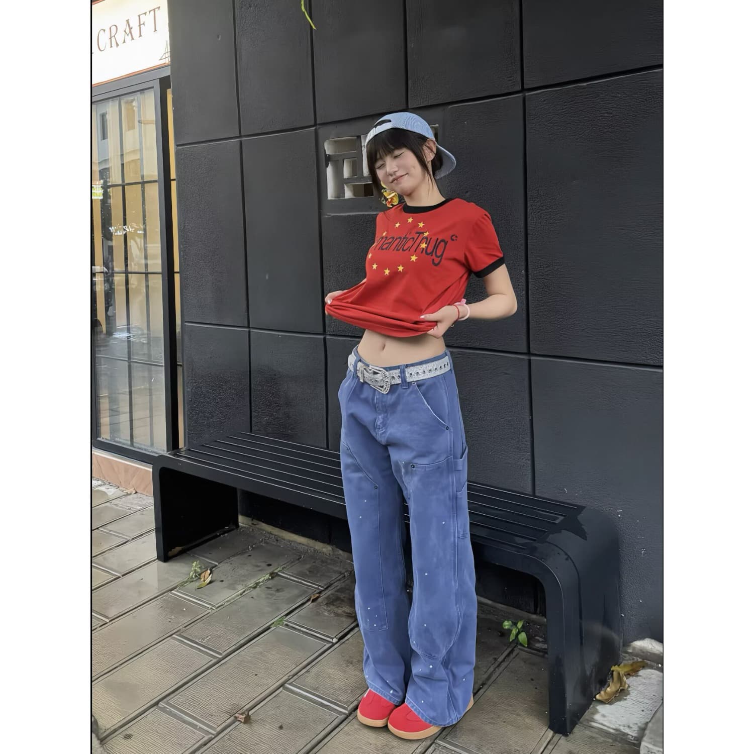 작은 대중 디자인 센스 알파벳 별 프린트 긍정적 인 어깨 반팔 티셔츠 남녀 같은 단락 패치워크 라운드 넥 맨위 상세 이미지 3