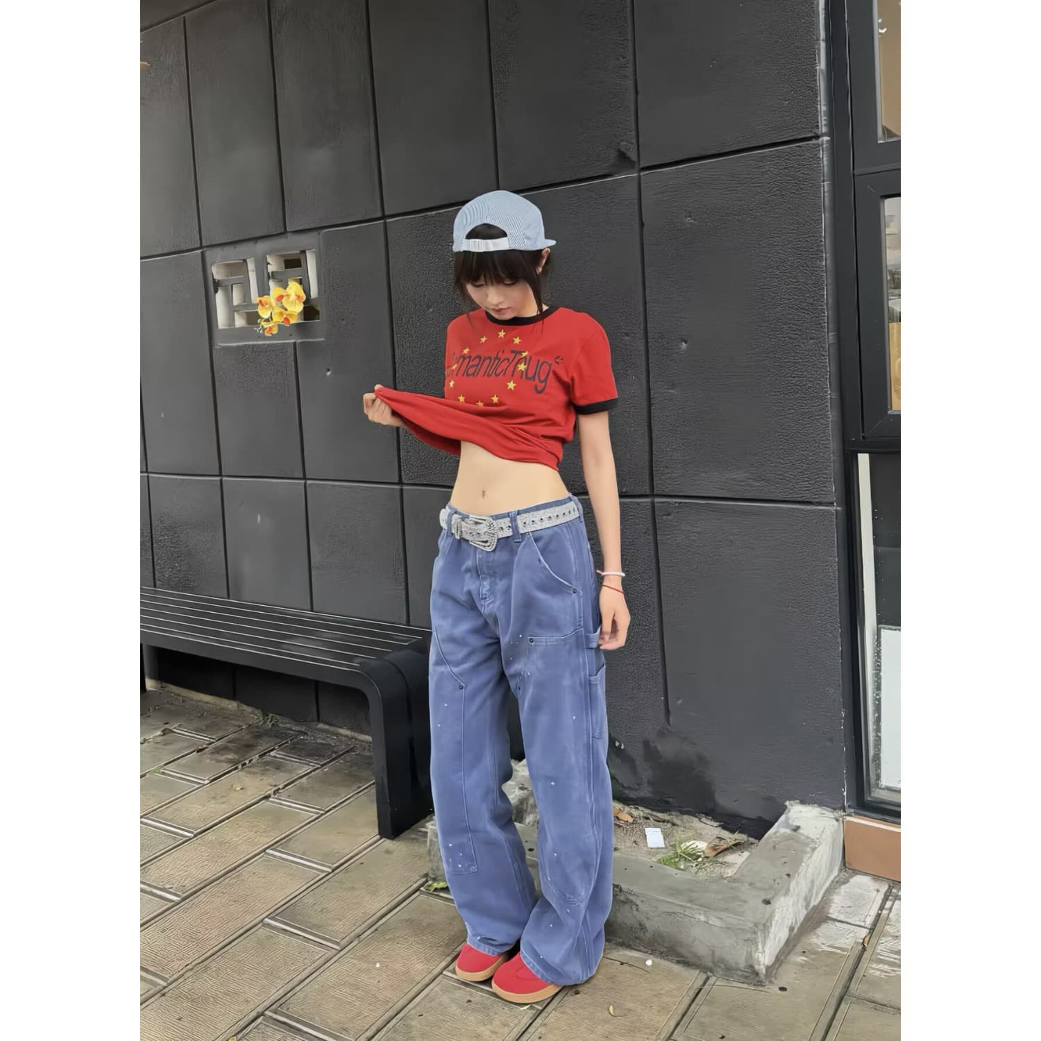 작은 대중 디자인 센스 알파벳 별 프린트 긍정적 인 어깨 반팔 티셔츠 남녀 같은 단락 패치워크 라운드 넥 맨위 상세 이미지 4