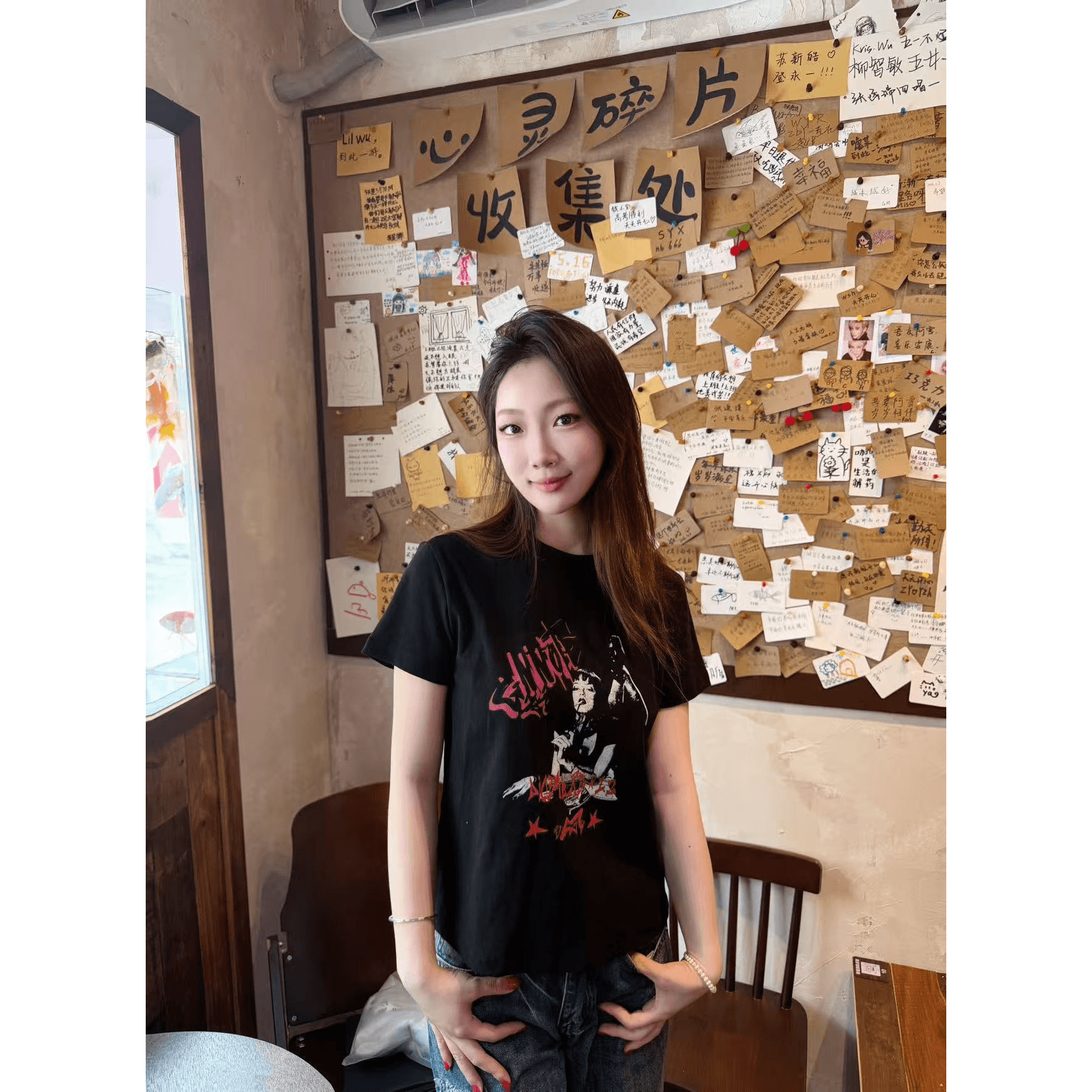 아메리칸 레트로 긍정적 인 어깨 라운드 넥 프린트 반팔 티셔츠 이미지 5