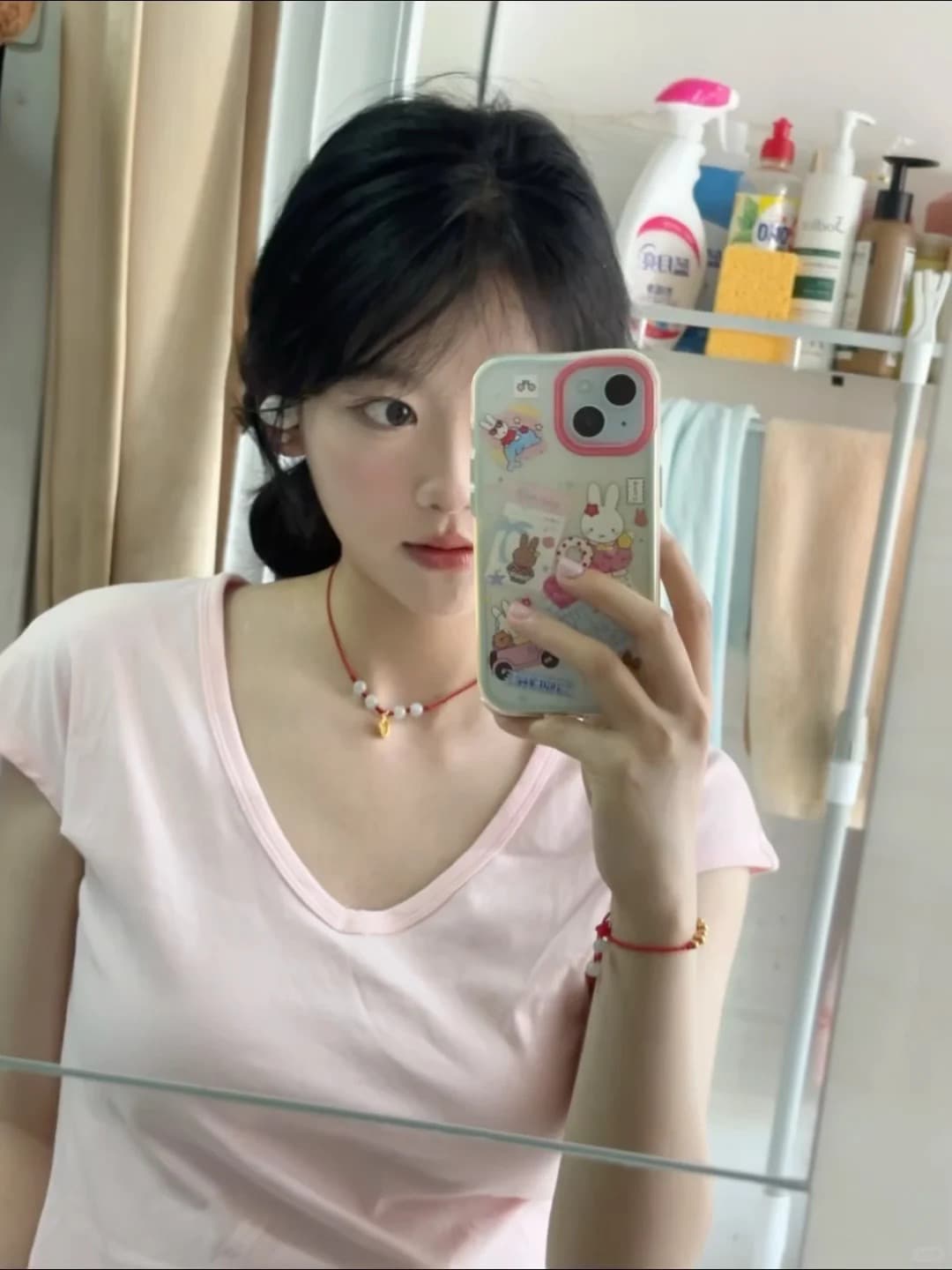 220 그램 92 면 8 암모니아 Lun 단색 u 칼라 긍정적 인 어깨 루즈핏 다용도 슬림해 보이는 반팔 여성 이미지 2