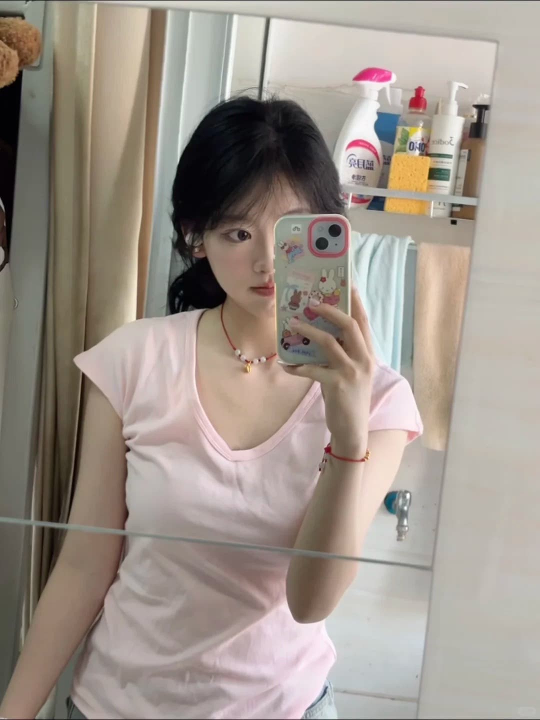 220 그램 92 면 8 암모니아 Lun 단색 u 칼라 긍정적 인 어깨 루즈핏 다용도 슬림해 보이는 반팔 여성 상세 이미지 3