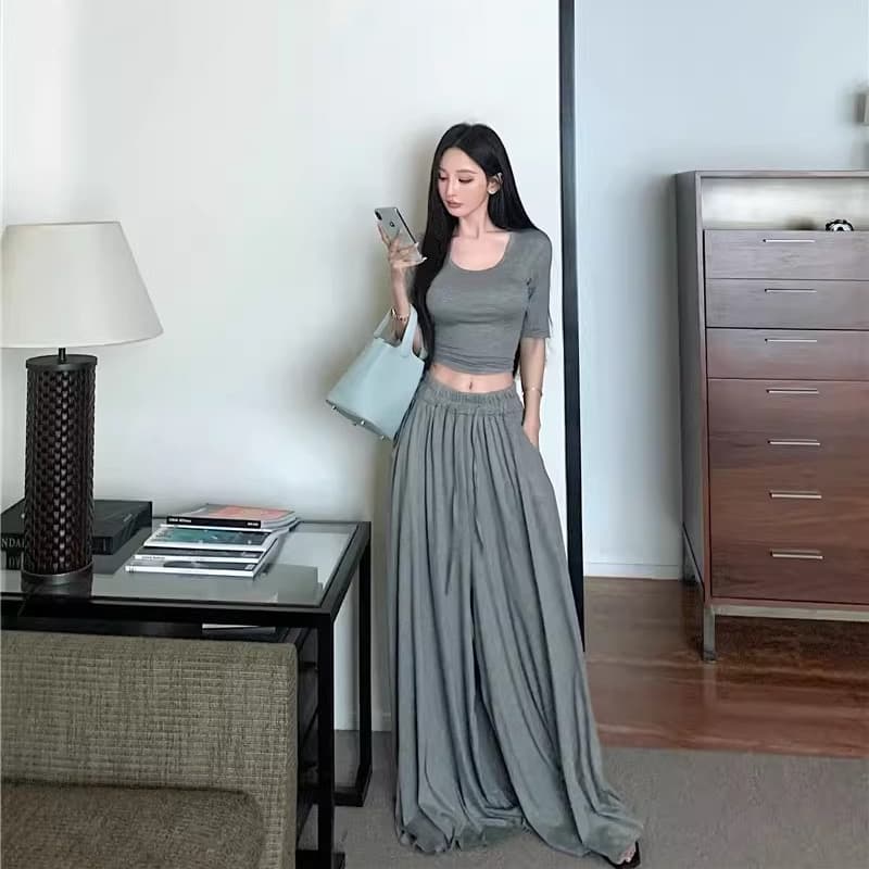품격 순수한 욕망 부드러운 바람 여성 여름 분기 별 칼라 고급 센스 스트랩 느긋한 바람 반팔 넓은 다리 치마바지 투피스 세트 이미지 4