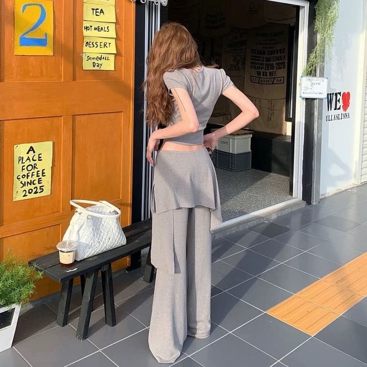 패션 세트 라운드 넥 불규칙 반팔 티셔츠 여성 여름 디자인 작은 대중 하이웨이스트 캐주얼 바지 긴 바지 투피스 세트 상세 이미지 5