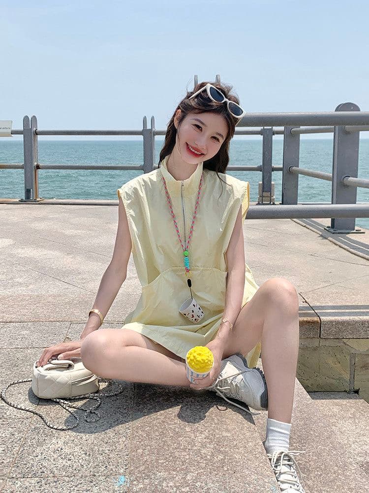 황색 한 부서 패션 캐주얼 바람 워크웨어 민소매 맨위 세트 여성 여름 2026 년 새로운 반바지 투피스 세트 이미지 2